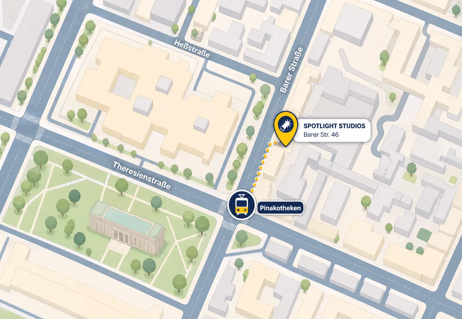 Illustrierter Lageplan von Spotlight Studios in der Barer Straße 46 nahe der Haltestelle Pinakotheken